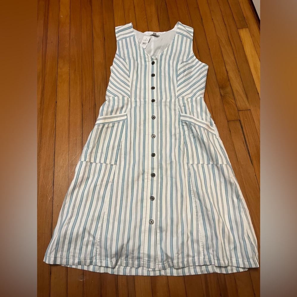 Loft White and Blue Green Striped Dress button up with pockets - size 8 - NWT